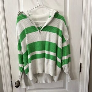 Aerie V-Neck Sweater in Green and White Stripes